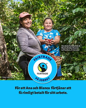 Bild på kaffeodlare med text och Fairtrade på jobbet-logotyp