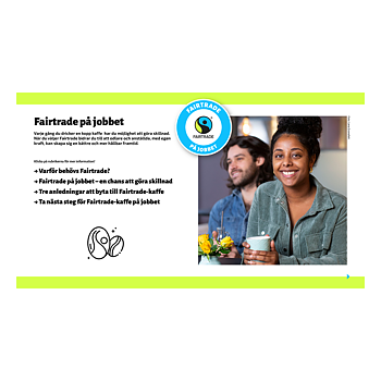 Första sidan på en digital infofolder om Fairtrade på jobbet med text, logotyp och bild på en person som dricker kaffe