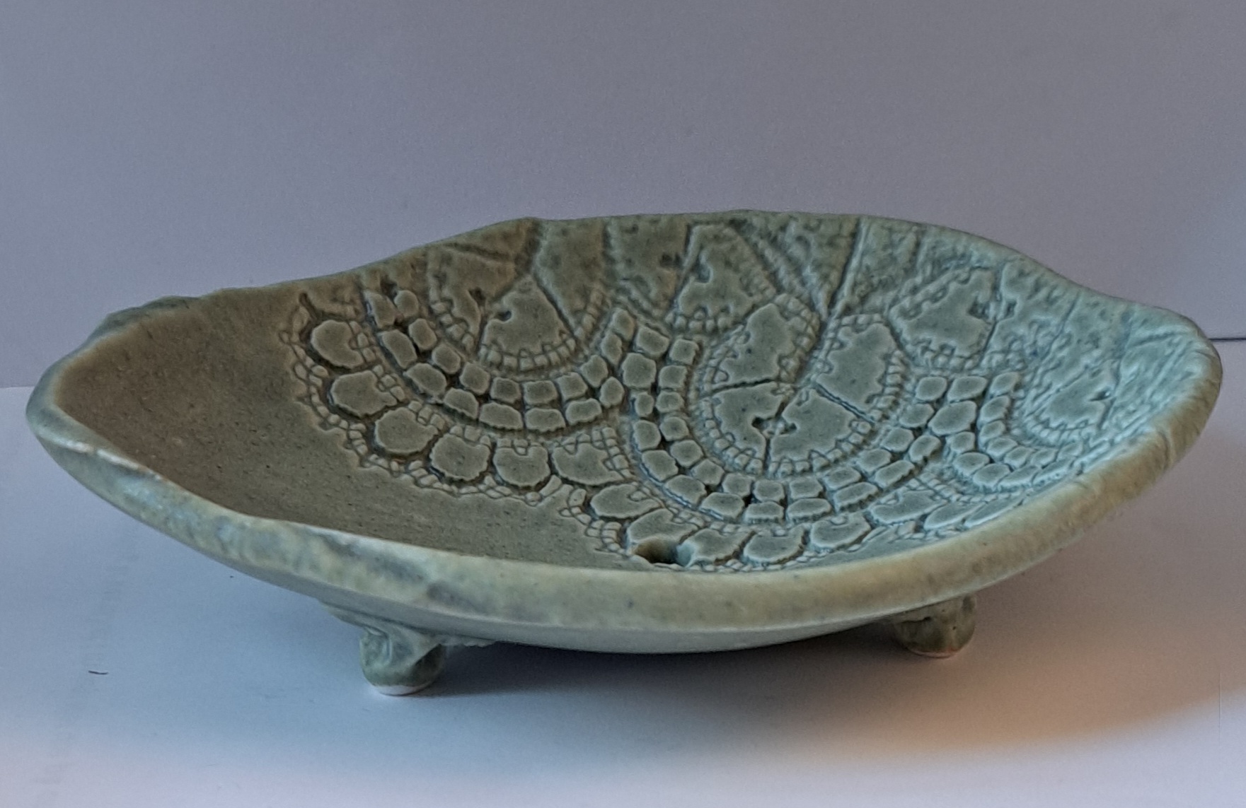 Stoneware ceramics soap dish, green, blue, grey white  oval 10x13, 18, 18 cm