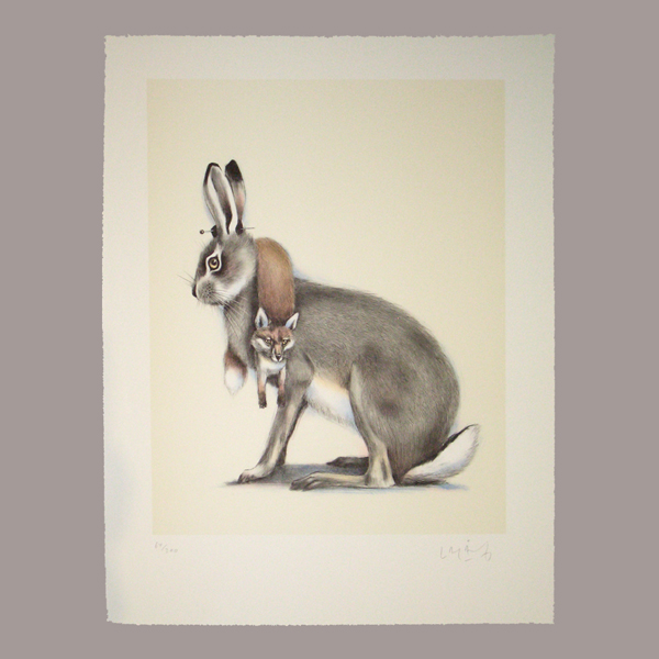 Hare med rävboa, litografi