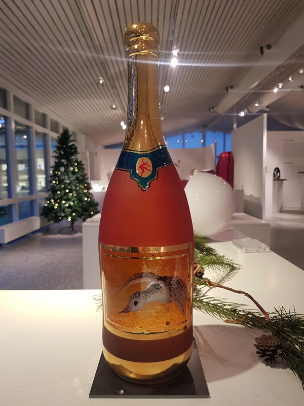Champagneflaska Orange Fågel Unikat