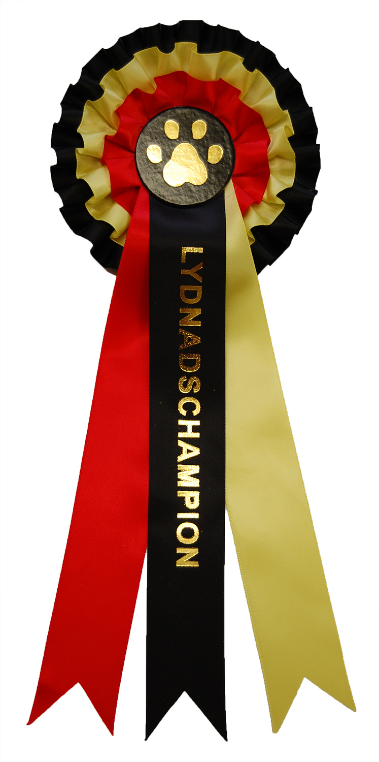 Hundrosett LYDNADSCHAMPION, 3 kransar, 3 band - svart/röd/gul