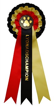 Hundrosett LYDNADSCHAMPION, 3 kransar, 3 band - svart/röd/gul