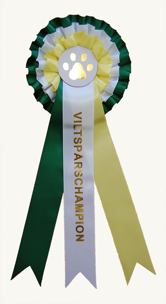 Hundrosett VILTSPÅRSCHAMPION, 3 kransar, 3 band - grön/gul/vit