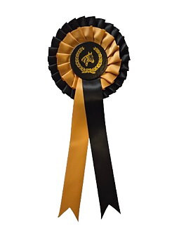 Hästrosett 2 kransar, 2 band - SVART/GULD