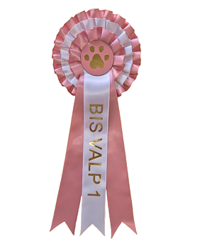 Hundrosett  BIS VALP 1, 3 kransar, 3 band - ROSA/VIT