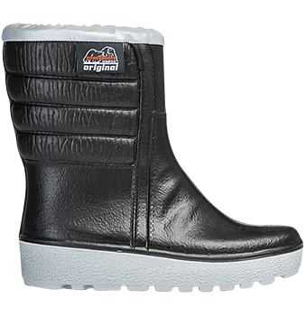 Powerboots Original Kids Low -30°C is a low-cut boot. The color is black in a leather-like material. The sole and snow collar are gray. At the top, near the snow collar on the right side of the boot, is the logo for Powerboots Original.