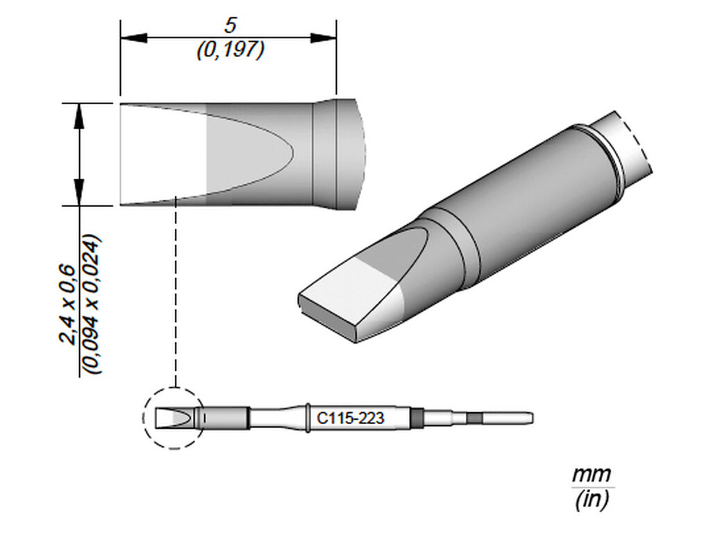 Chisel-shaped soldering tip, 2.4 x 0.6 mm, C115223
