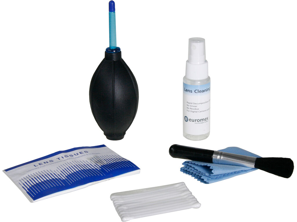 Cleaning kit: lens fluid, lint free lens tissue/paper, brush, air blower, cotton