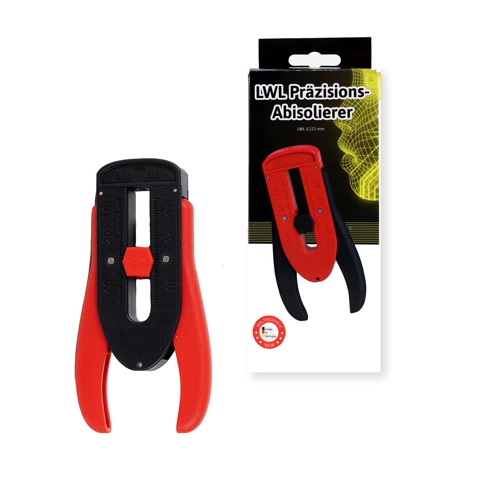 Precision wire stripper for fiber optics, red/black in a box