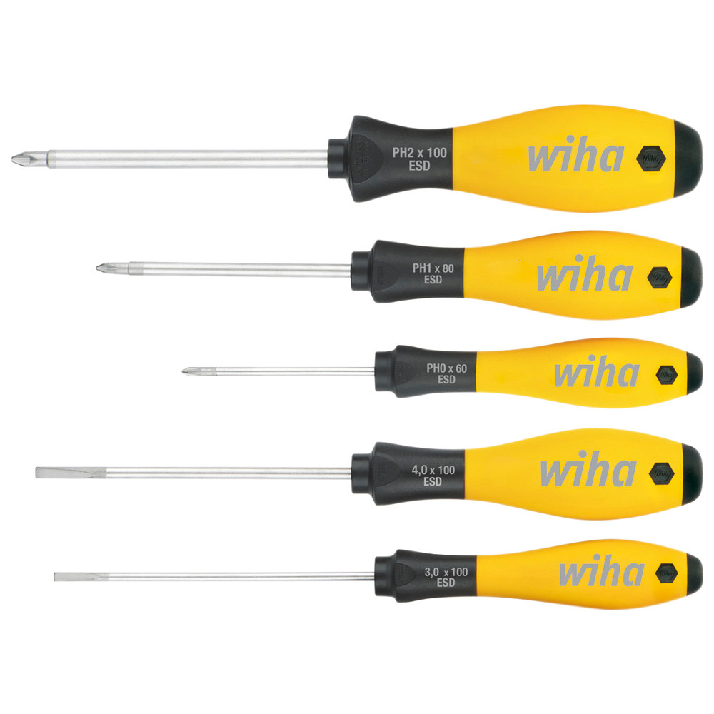 Spår-/Phillips-skruvmejsel-set SoftFinish, 5-delat, ESD