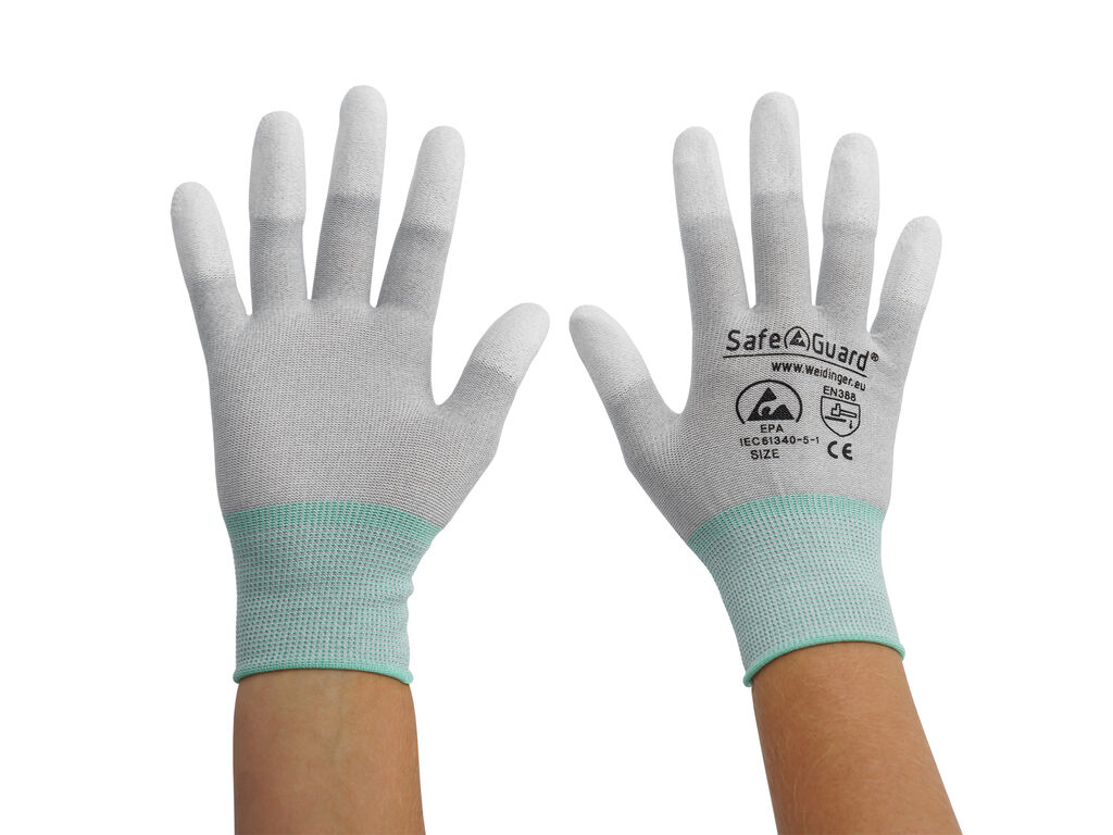 ESD glove grey/turquoise, coated fingertips, nylon/carbon, M