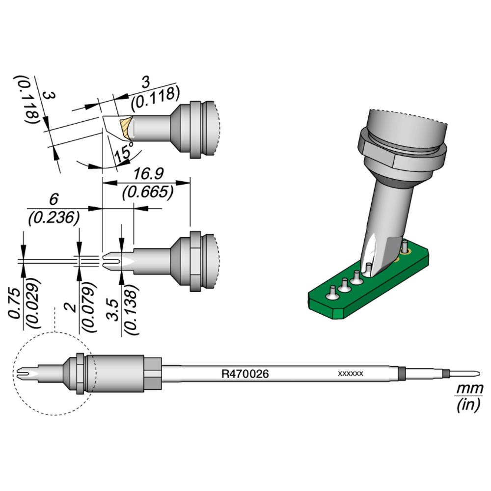 Lödspets serie R470 special, R470045/0,75 mm, ritning lödspets