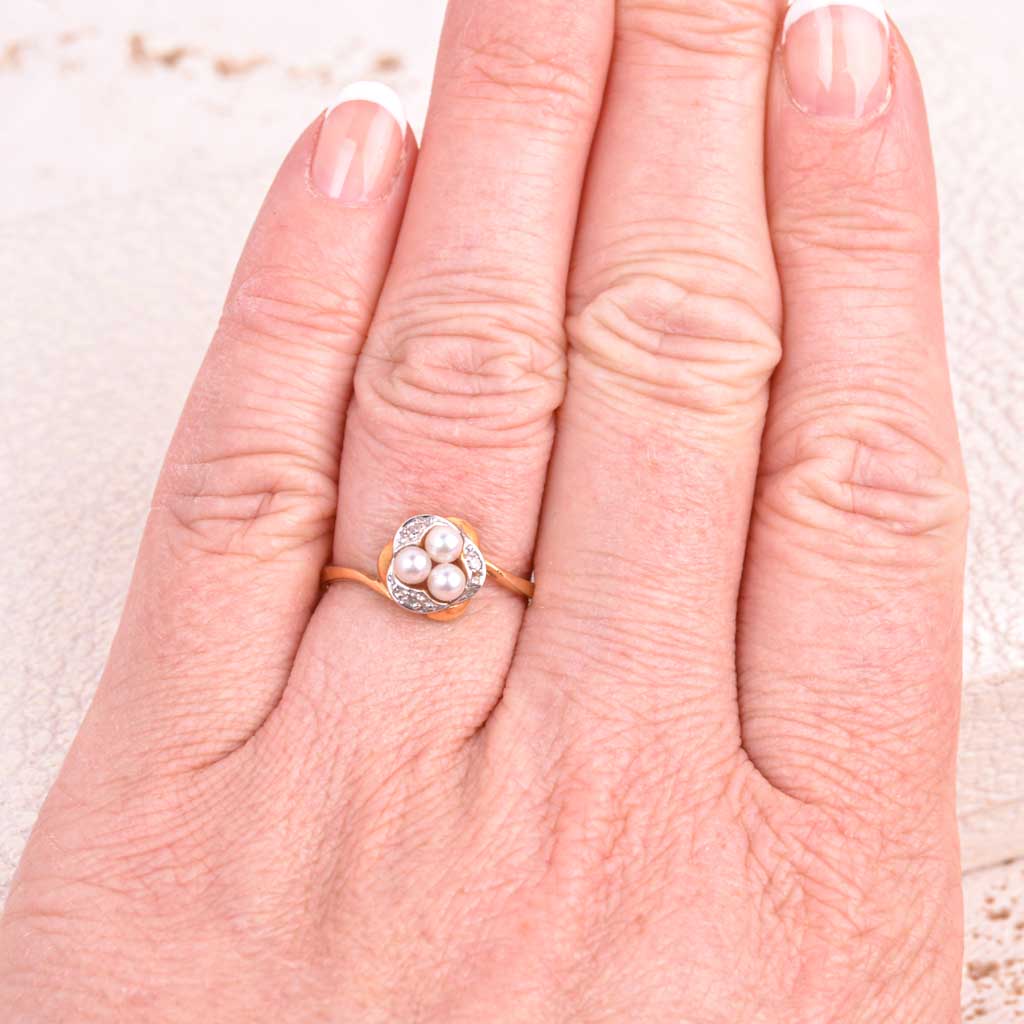 Guldring 18k 0.03ct diamanter 3 perler, Vintage - 5