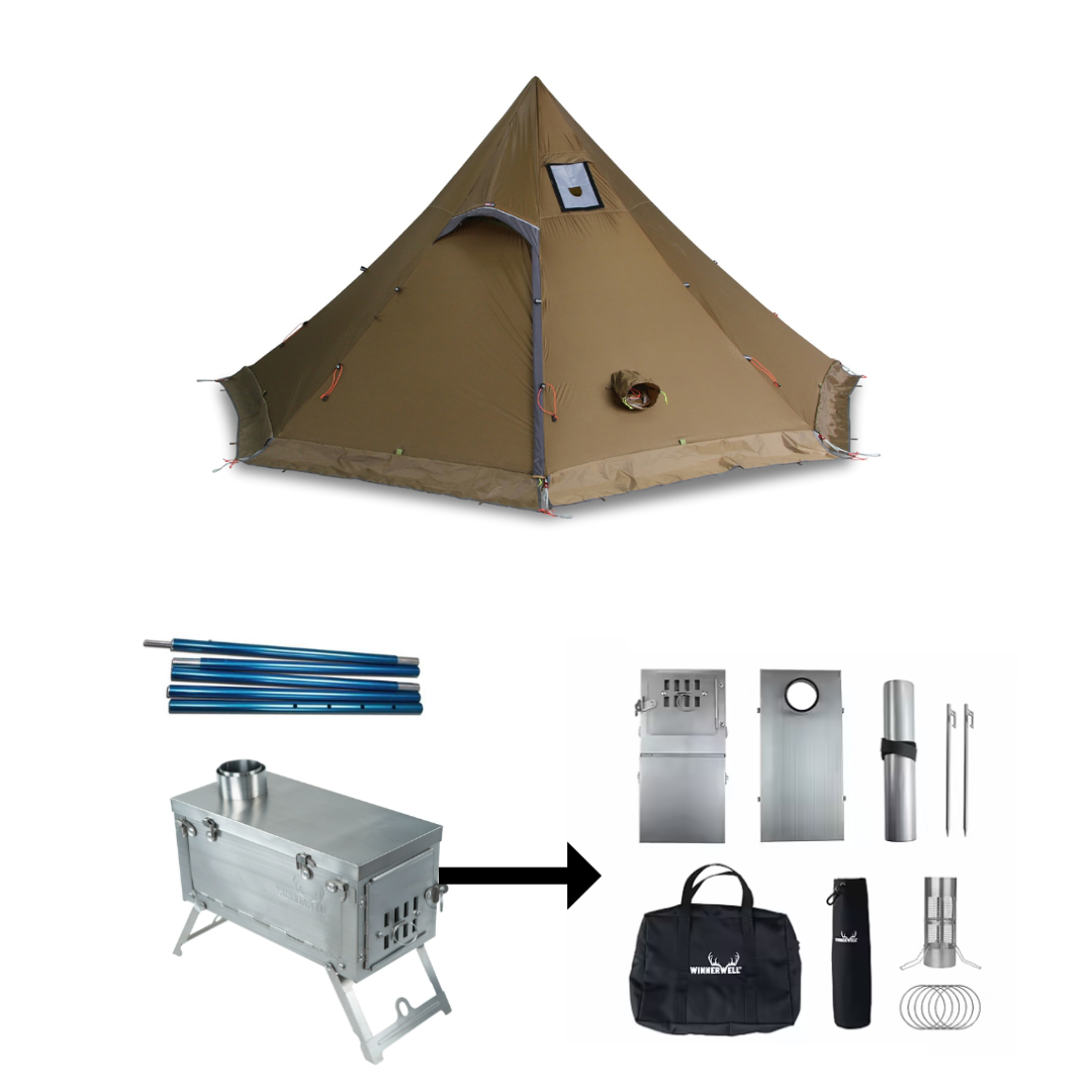 Complete winter tent with stove: Luxe F8e Green with stove &amp; pole