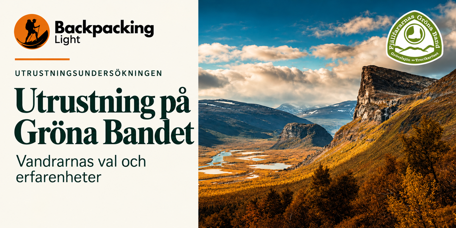 Huvudbanner för utrustningsundersökningen: Utrustning på Gröna Bandet – vandrarnas val och erfarenheter, med Backpackinglight-logotyp, höstfärgat fjällandskap med sjöar och bergssluttningar samt Fjällfararnas Gröna Band-emblem (Grövelsjön–Treriksröset)