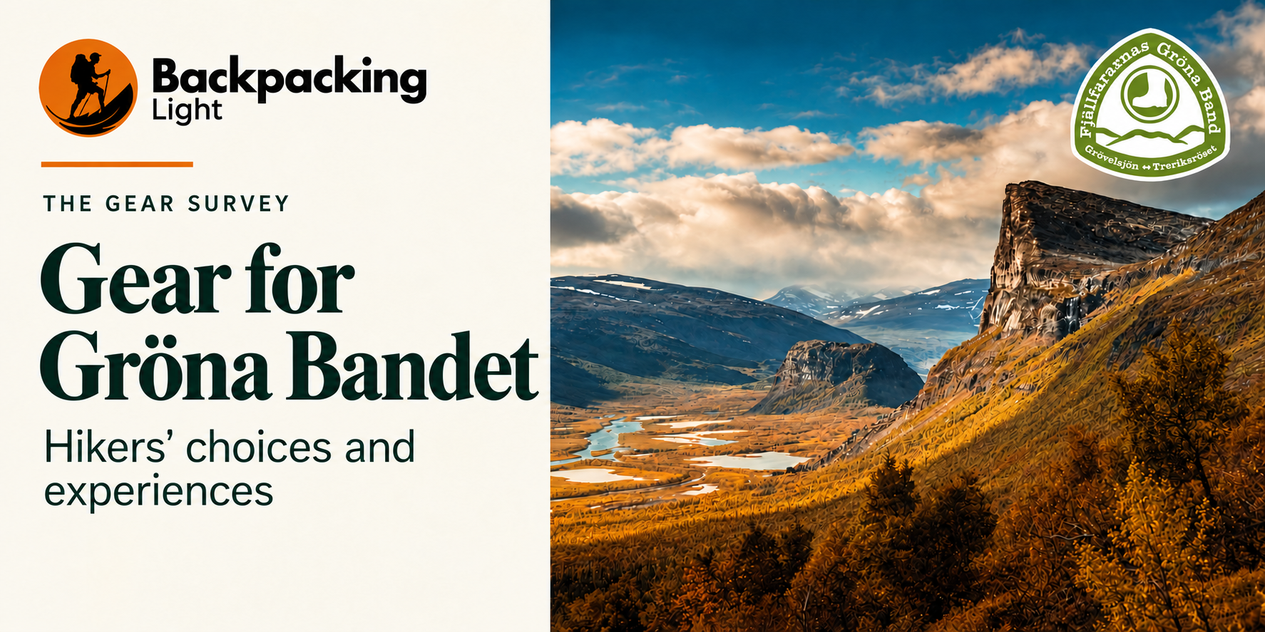 Varustekyselyn pääbanneri: Gear for Gröna Bandet – hikers’ choices and experiences, tunturimaisema ja Fjällfararnas Gröna Band -tunnus