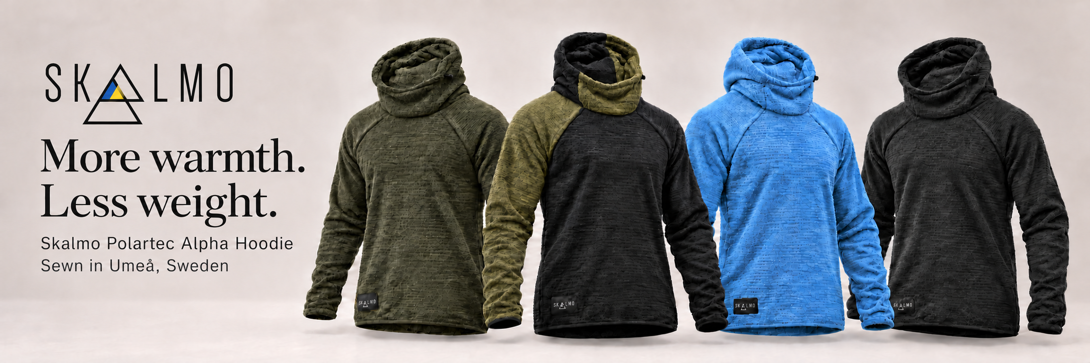 Skalmo Polartec Alpha hoodies – more warmth, less weight. Sewn in Umeå, Sweden.