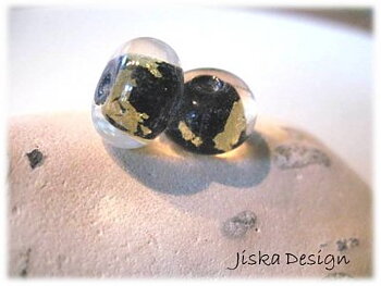 Glaspärla Rondell Svart/Guld 14mm