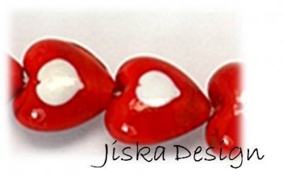 Lampwork Hjärta Rött & Vitt 20mm