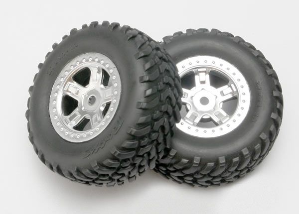 Traxxas 7073 Tires and wheels, assembled, glued (SCT satin chrome wheels, SCT off-road racing tires, foam inserts) (1 each, right & left)
