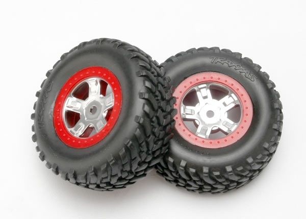 Traxxas 7073A Tires and wheels, assembled, glued (SCT satin chrome wheels, red beadlock style, SCT off-road racing tires, foam inserts) (1 each, right & left)