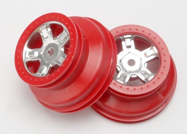 Traxxas 7072A Wheels, SCT satin chrome, red beadlock style, dual profile (1.8" inner, 1.4" outer) (2)