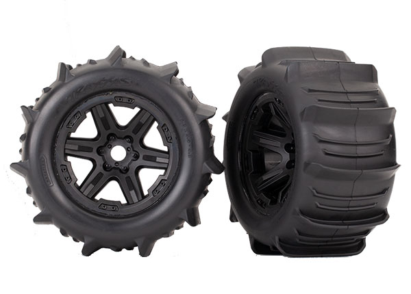 Traxxas 8674 Tires & wheels, assembled, glued (black 3.8" wheels, paddle tires, foam inserts) (2) (TSM rated)