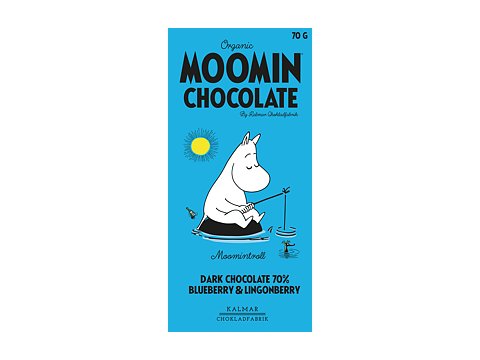 Organic Moomin Chocolate Moomintroll – Mörk choklad 70% med lingon och blåbär