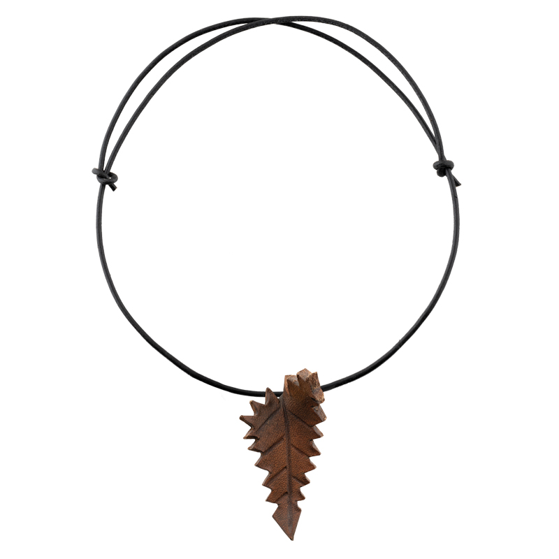 Leather Necklace long Brown leaf