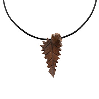 Leather Necklace long Brown leaf