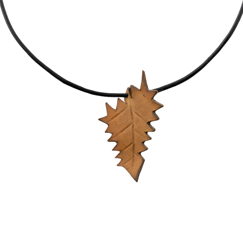 Leather Necklace mustard yellow leaf - 2