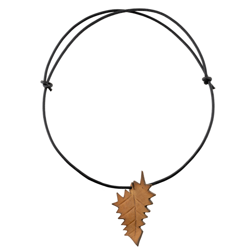 Leather Necklace mustard yellow leaf