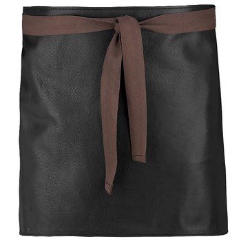 Short serving apron in leather with textile strap, black,