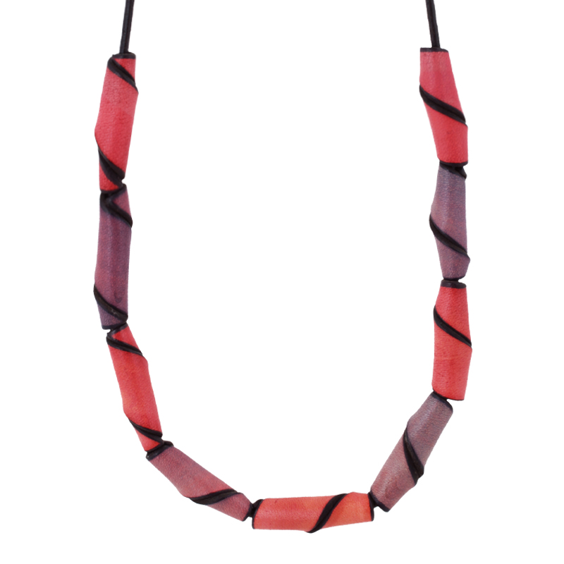Leather necklace with pink - purple pearls - 2