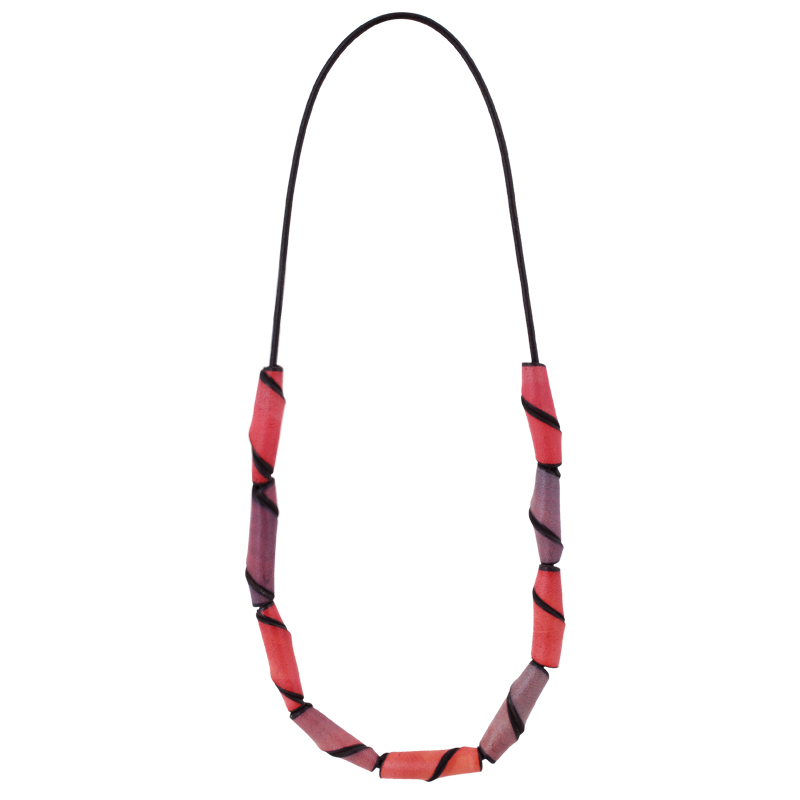 Leather necklace with pink - purple pearls