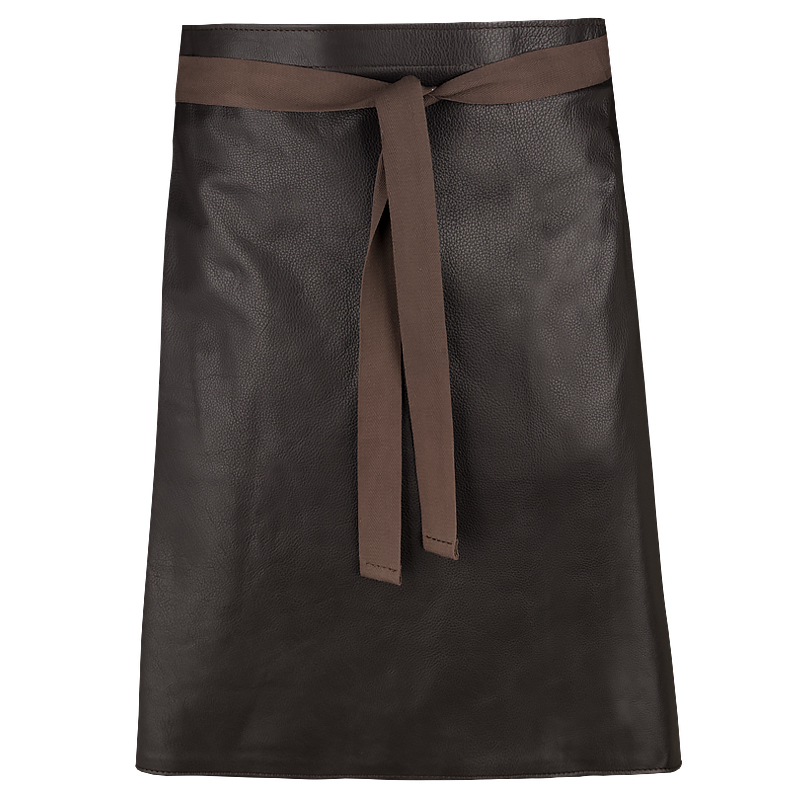 Long serving apron in leather with textile strap,cafe noir