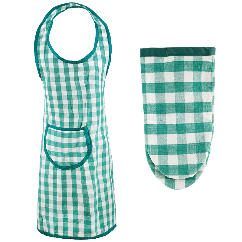 Apron green Checkered + oven mitt 