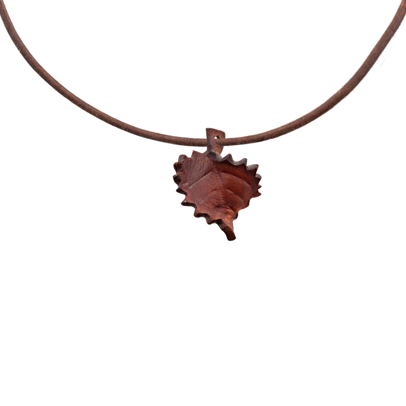 Leather Necklace red brown leaf - 2
