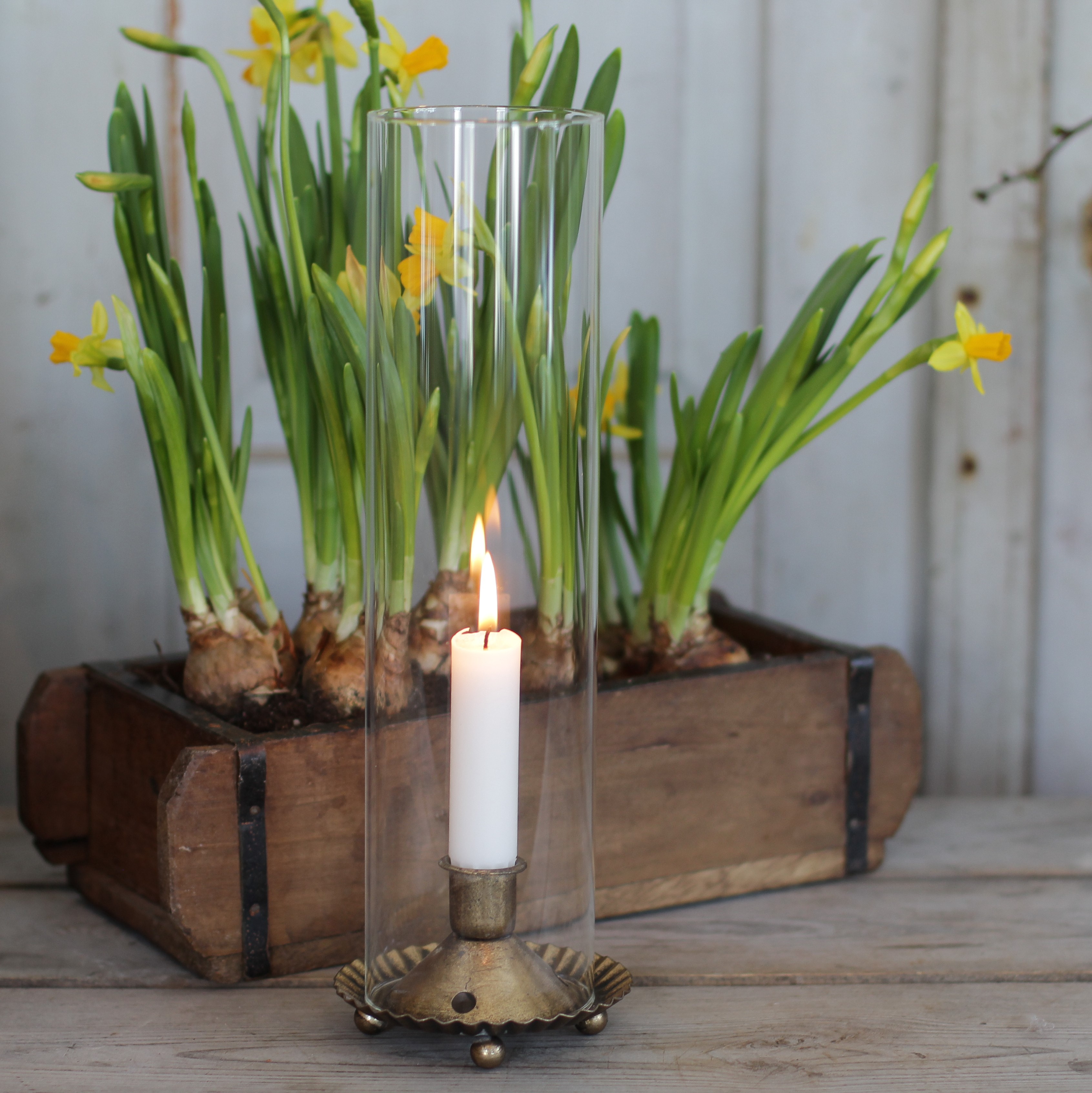 Ljusstake med glas -  antik mässing - 5