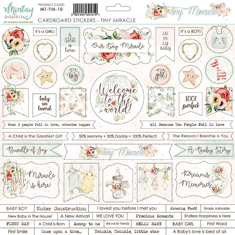 Mintay - Stickers på Chipboard - Tiny Miracle 12x12"