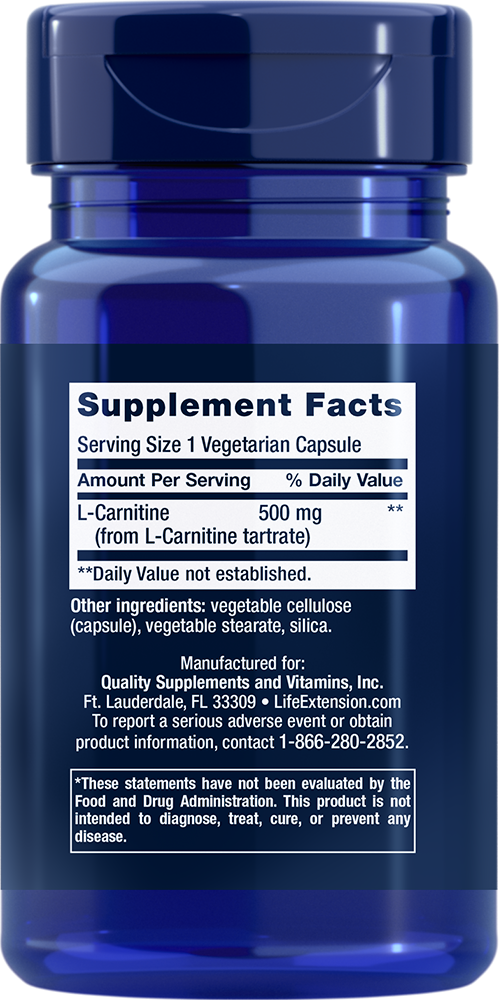 Life Extension L-Carnitine 500 mg – Aminosyra (30 kap) - BF 09/26 - 2