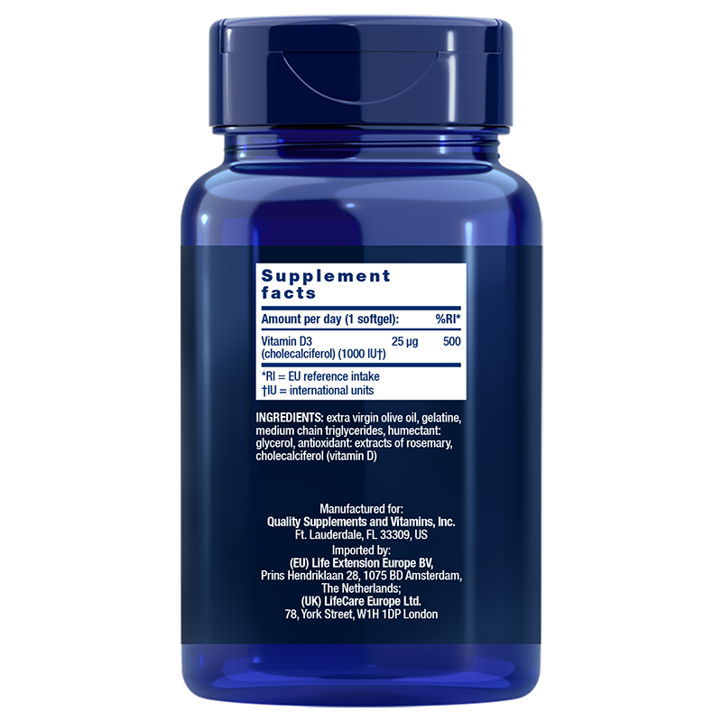 Life Extension Vitamin D3 1000 IE – D-vitamin (250 kap) - BF 09/26 - 2