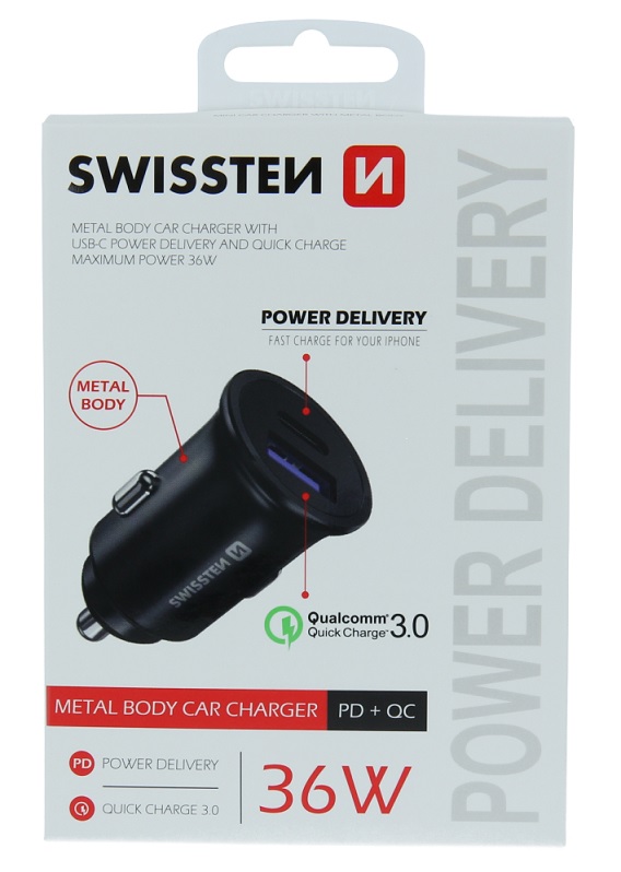 SWISSTEN Billaddare USB-C + QC 3.0 Metal