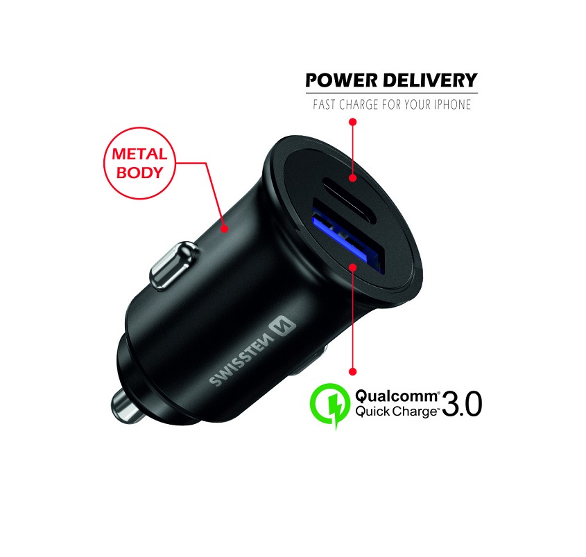 SWISSTEN Billaddare USB-C + QC 3.0 Metal - 2