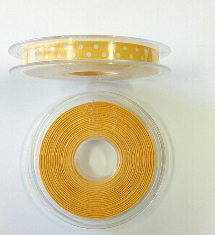 Gul med vita prickar, Satinband, 10mm x 20m, 