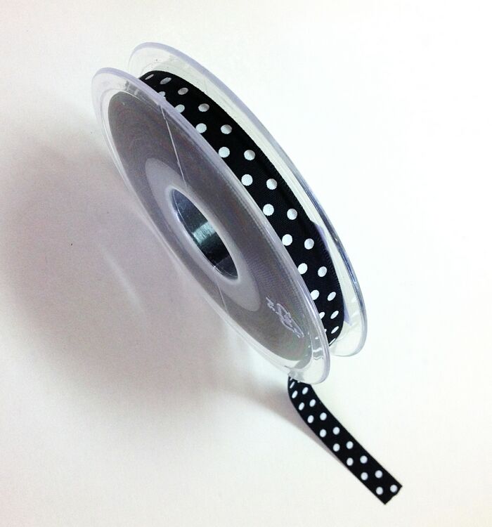 Svart med vita prickar, Satinband, 10mm x 20m, 