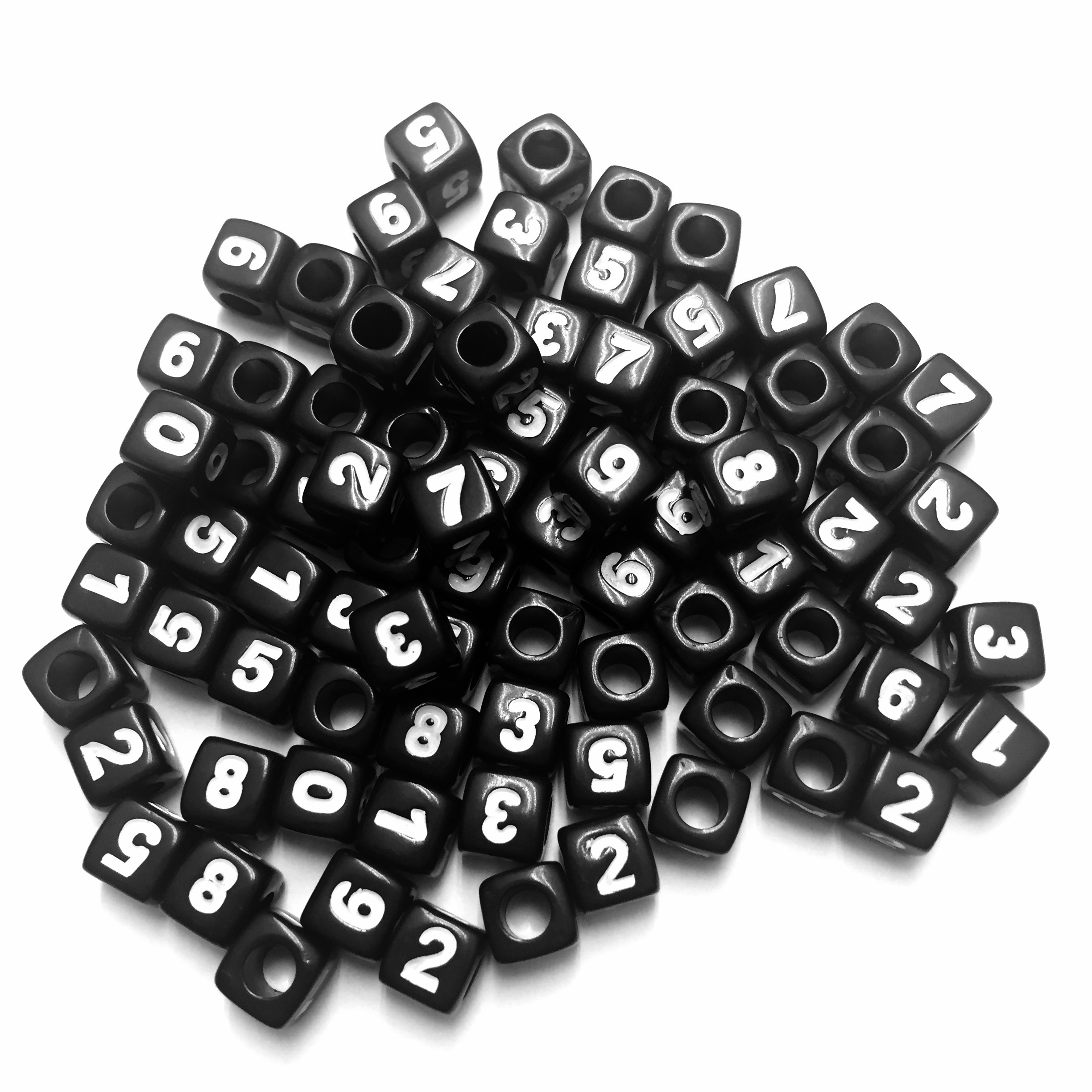 Sifferpärlor 0-9, Svarta fyrkantiga, 7mm x 7mm, Akryl, 10 st