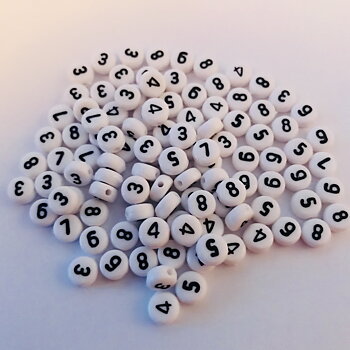 Sifferpärlor 0-9, Vita med svart text, 7mm x 3,5mm, Akryl, 10 st