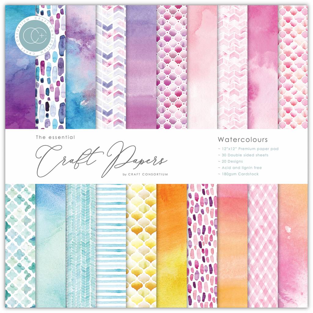 Watercolours, 12x12" block, Essential Craft Papers,  Craft Consortium 